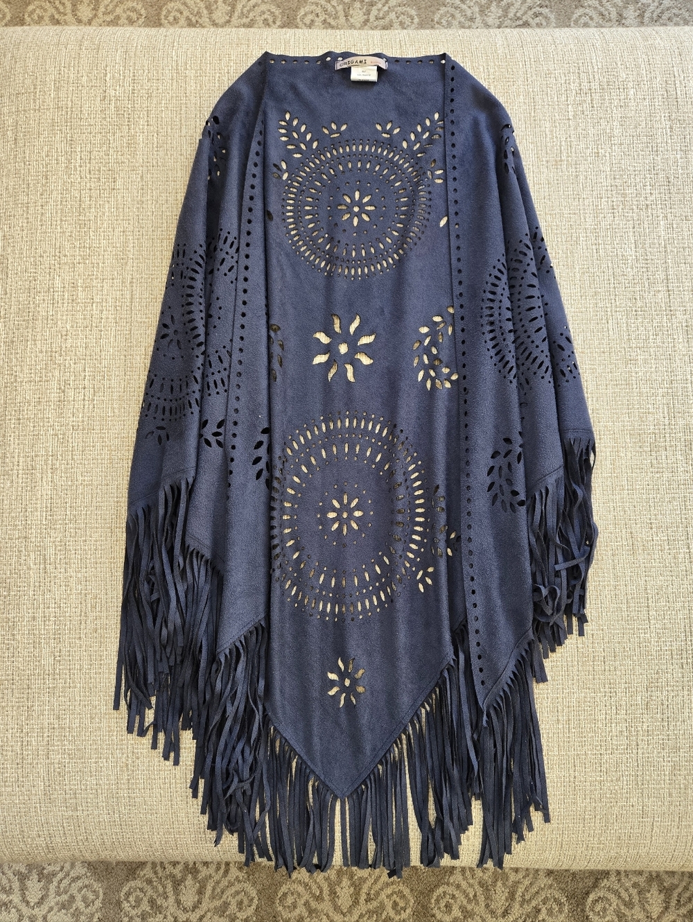 Oragami Faux Suede Fringe Shawl Wrap - Picture 2 of 7